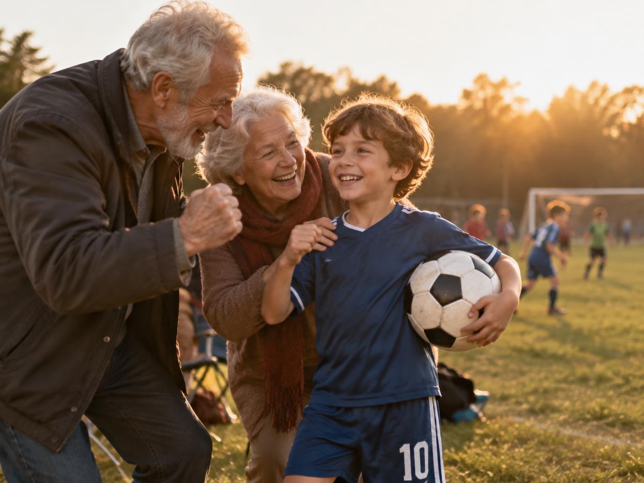 Grandparents cheering with their grandson at a soccer field
